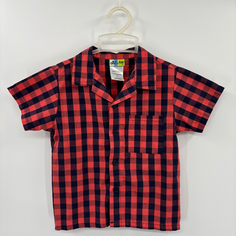 al & ray Button Down Shirt Kids 4T Red Plaid Buffalo Check Short Sleeve Preppy